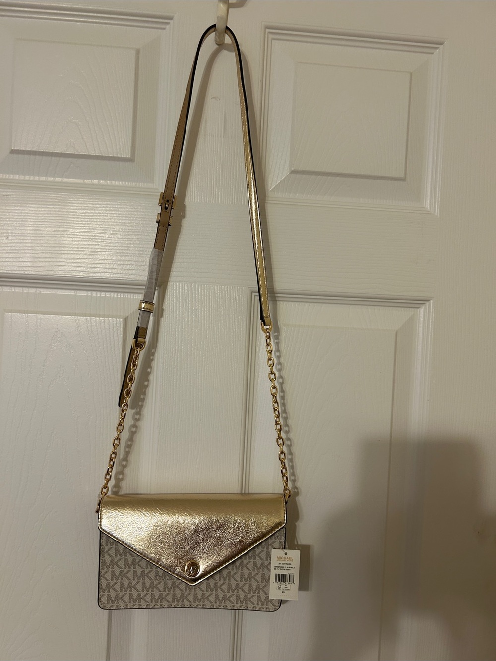 Michael Kors Metallic Gold and Beige Logo Crossbody Bag